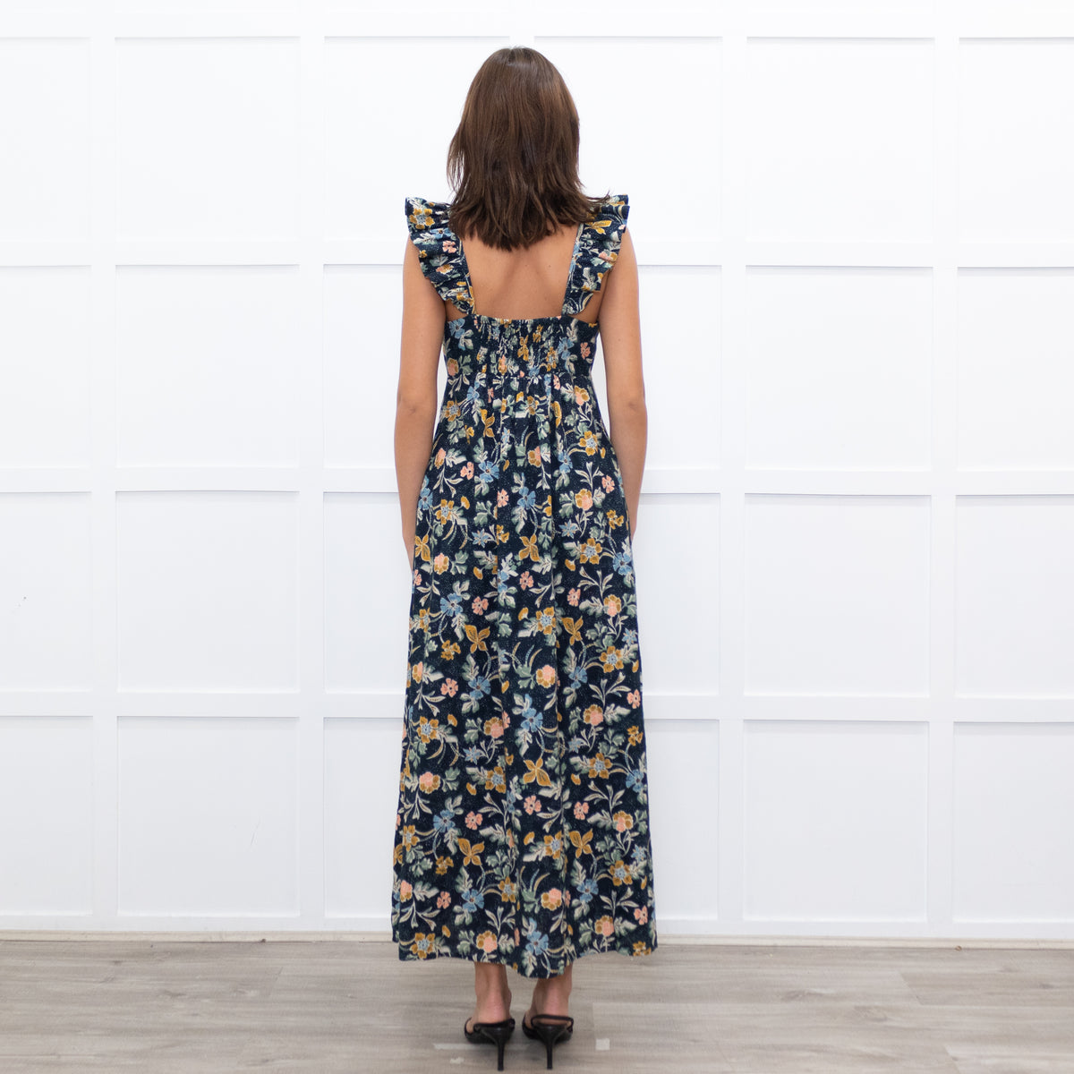 Iris Navy Blue Yellow Coral Green Floral Strappy Frill Maxi Dress