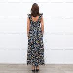 Iris Navy Blue Yellow Coral Green Floral Strappy Frill Maxi Dress