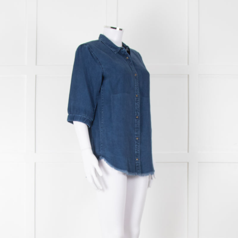 Ikks Blue Denim Frayed Hem 3/4 Sleeve Shirt