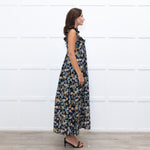Iris Navy Blue Yellow Coral Green Floral Strappy Frill Maxi Dress