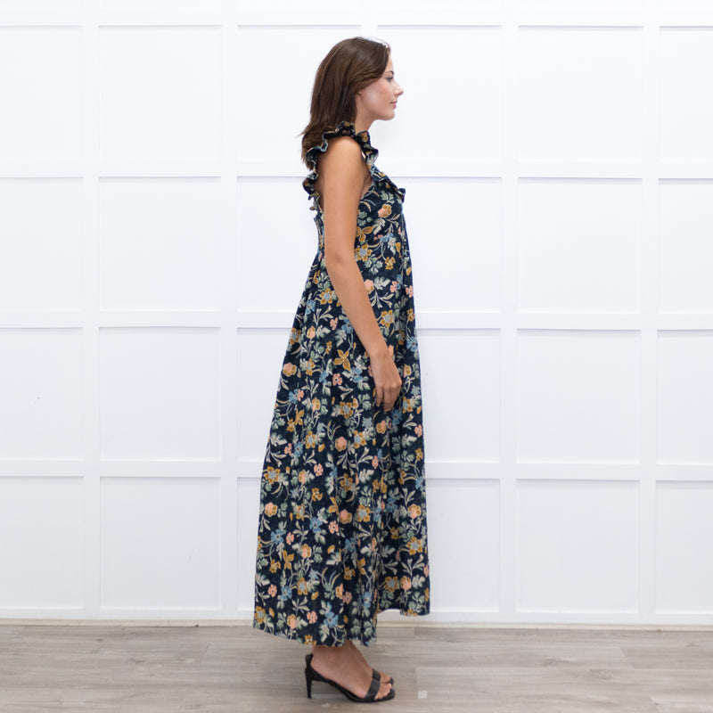 Iris Navy Blue Yellow Coral Green Floral Strappy Frill Maxi Dress