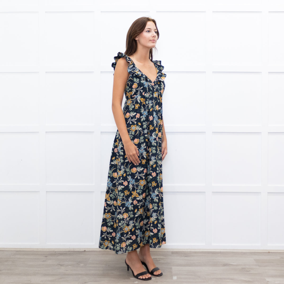 Iris Navy Blue Yellow Coral Green Floral Strappy Frill Maxi Dress