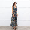 Iris Navy Blue Yellow Coral Green Floral Strappy Frill Maxi Dress
