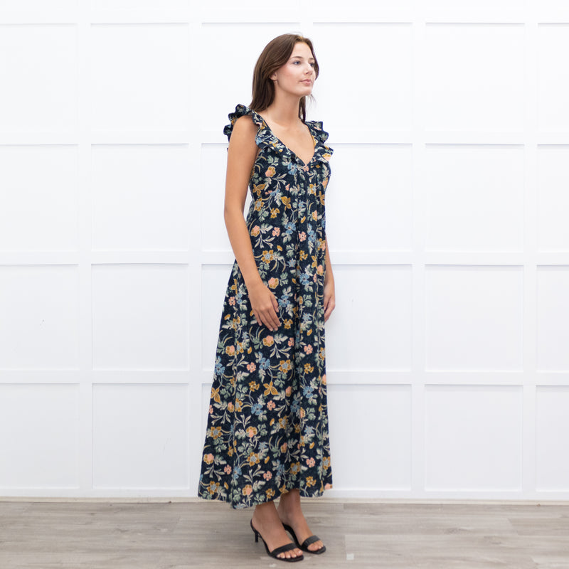 Iris Navy Blue Yellow Coral Green Floral Strappy Frill Maxi Dress