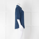 Ikks Blue Denim Frayed Hem 3/4 Sleeve Shirt