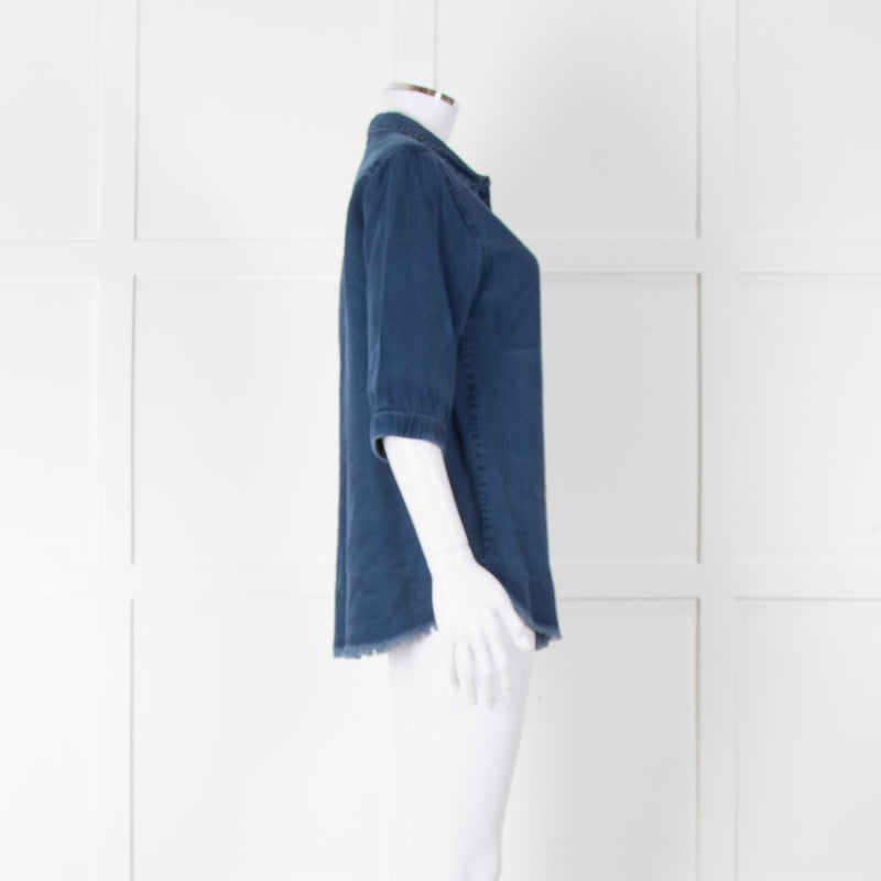 Ikks Blue Denim Frayed Hem 3/4 Sleeve Shirt