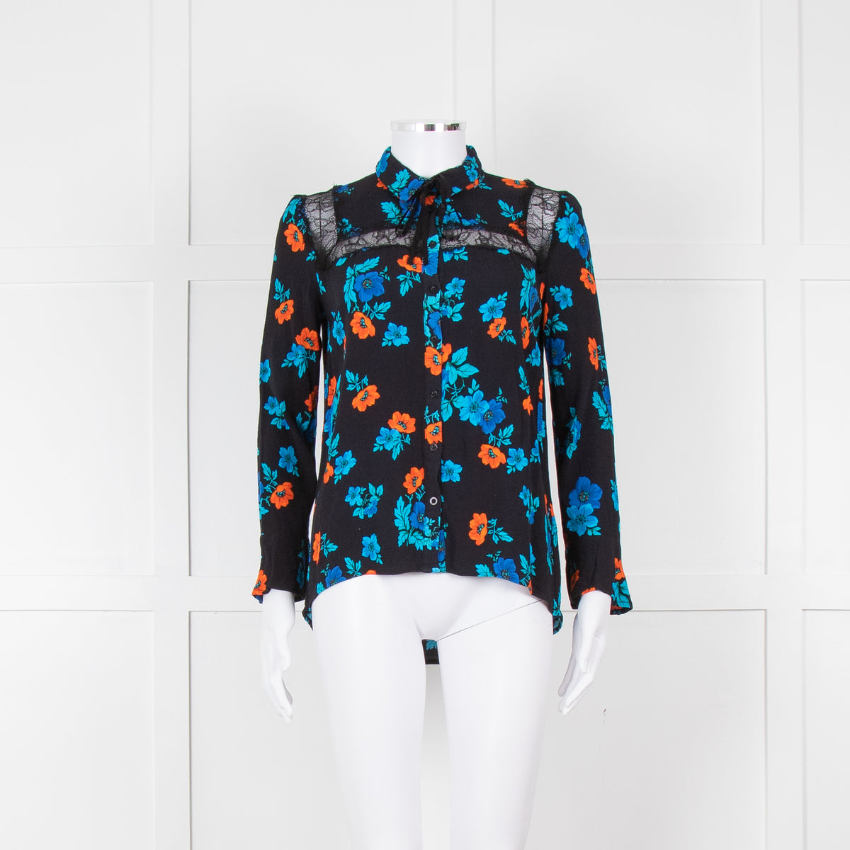 Maje Black Blue Orange Floral Lace Trim Long Sleeve Top