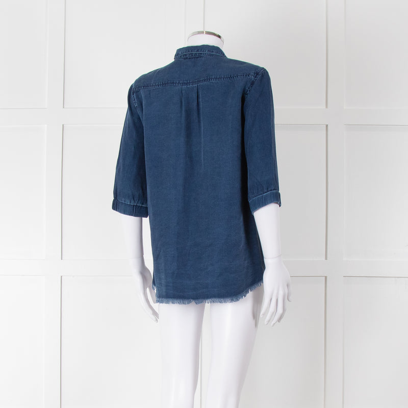 Ikks Blue Denim Frayed Hem 3/4 Sleeve Shirt