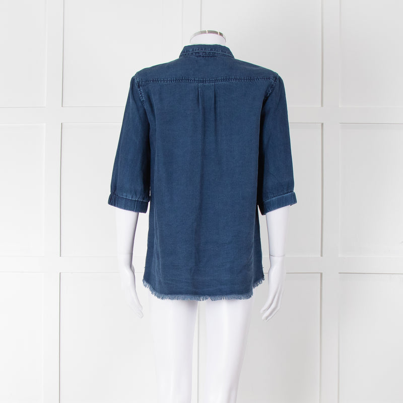 Ikks Blue Denim Frayed Hem 3/4 Sleeve Shirt