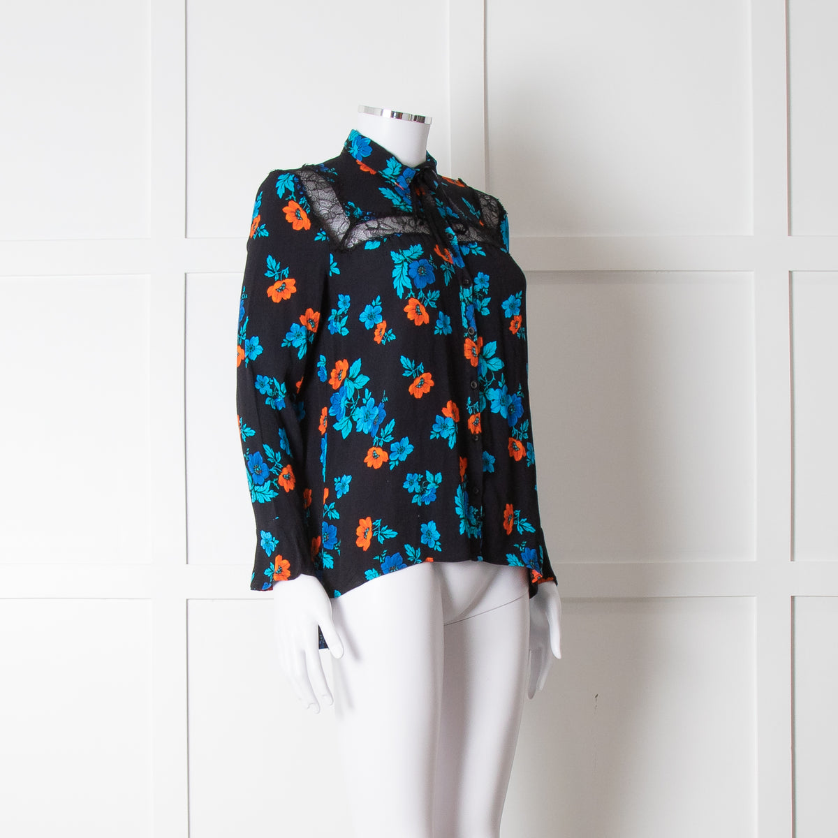 Maje Black Blue Orange Floral Lace Trim Long Sleeve Top