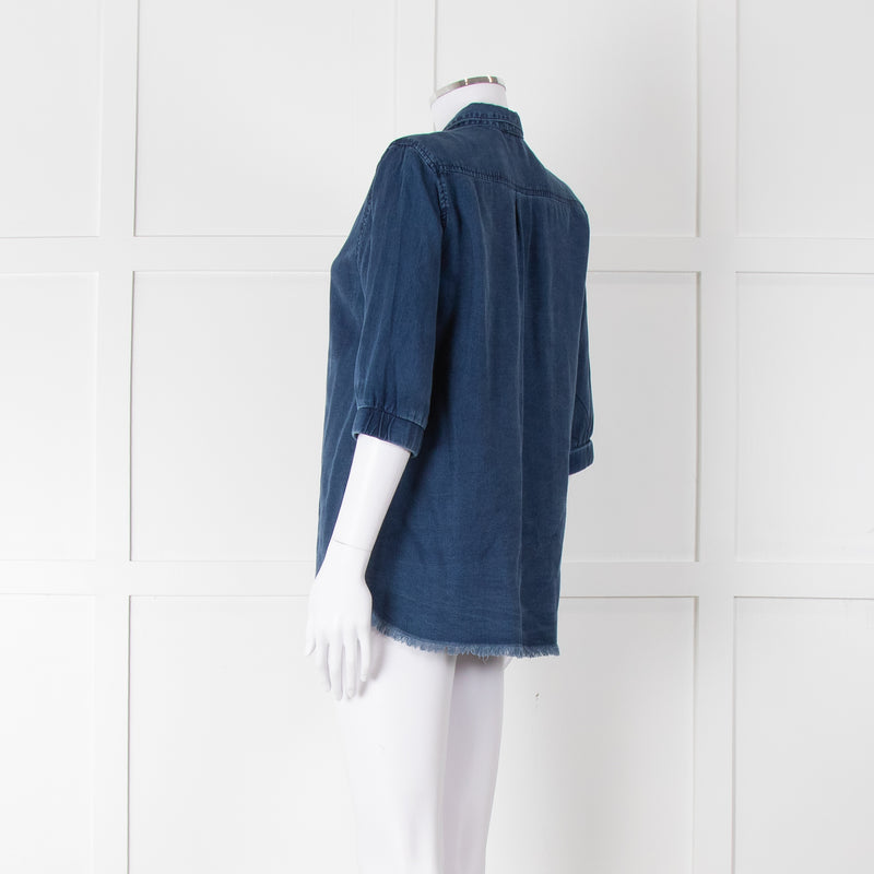 Ikks Blue Denim Frayed Hem 3/4 Sleeve Shirt