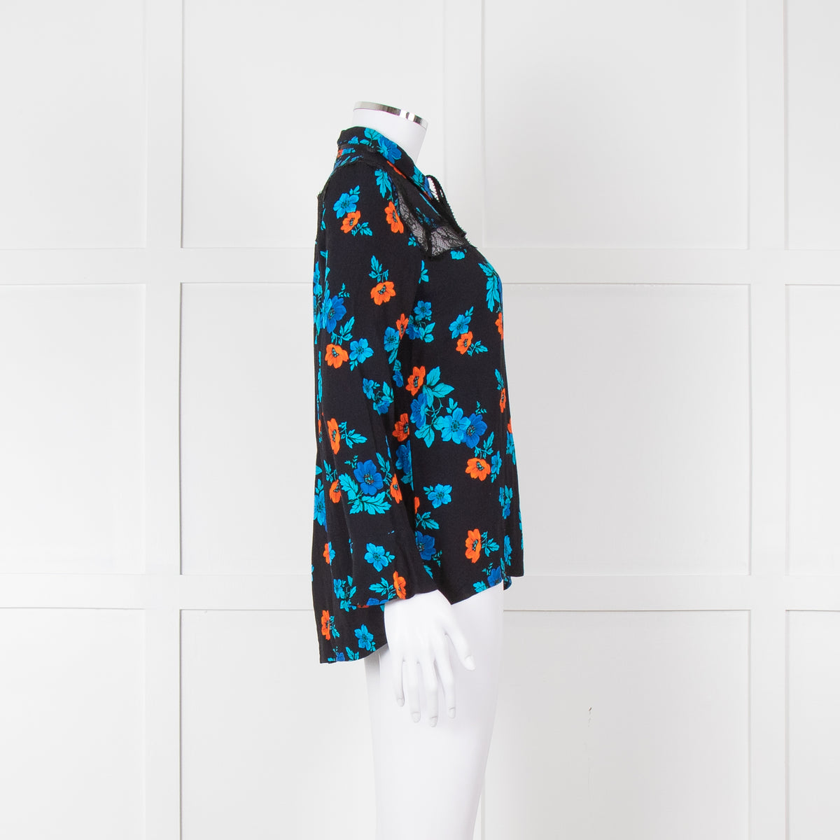 Maje Black Blue Orange Floral Lace Trim Long Sleeve Top