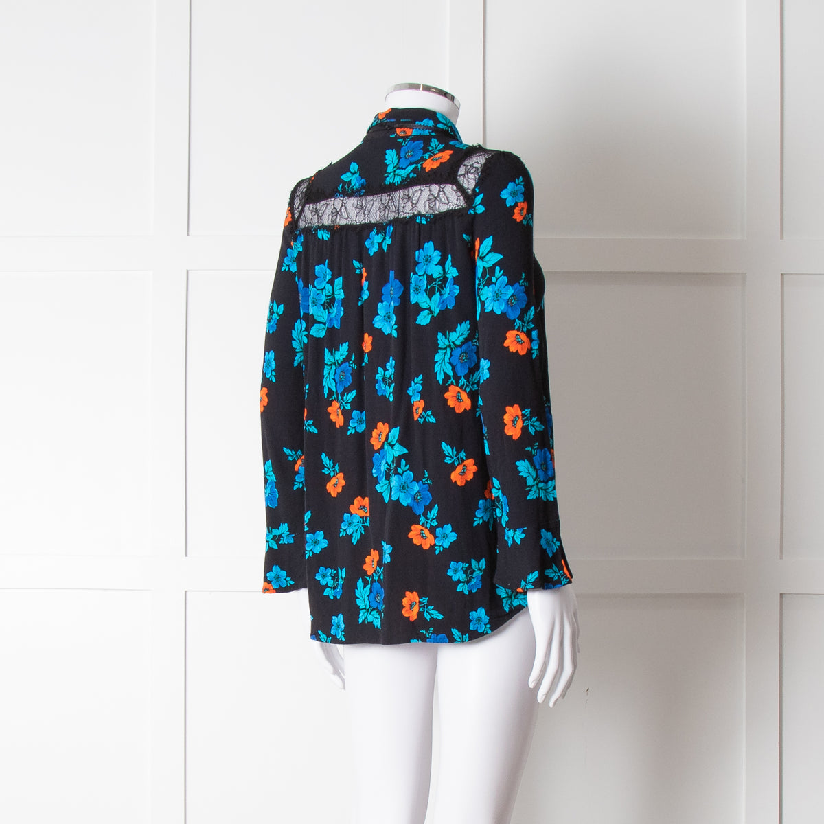 Maje Black Blue Orange Floral Lace Trim Long Sleeve Top