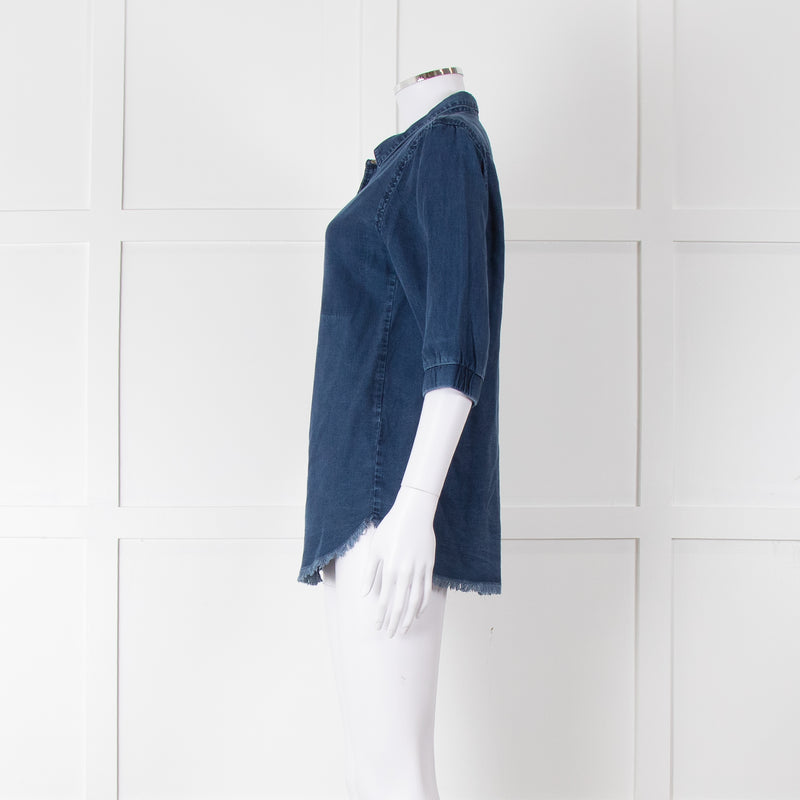 Ikks Blue Denim Frayed Hem 3/4 Sleeve Shirt
