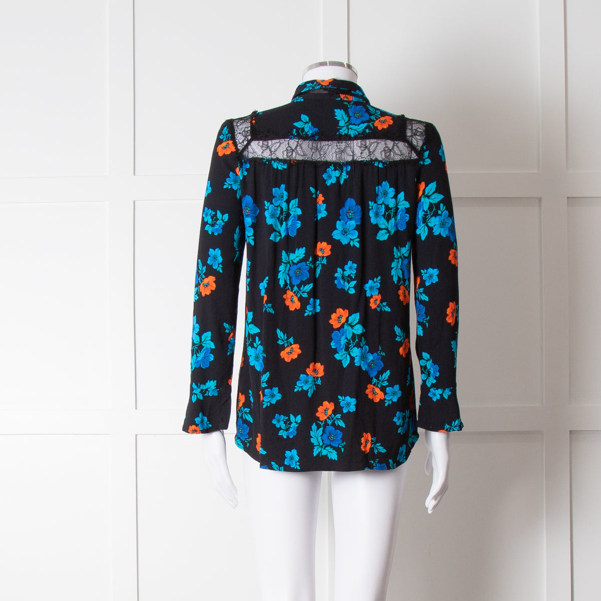 Maje Black Blue Orange Floral Lace Trim Long Sleeve Top