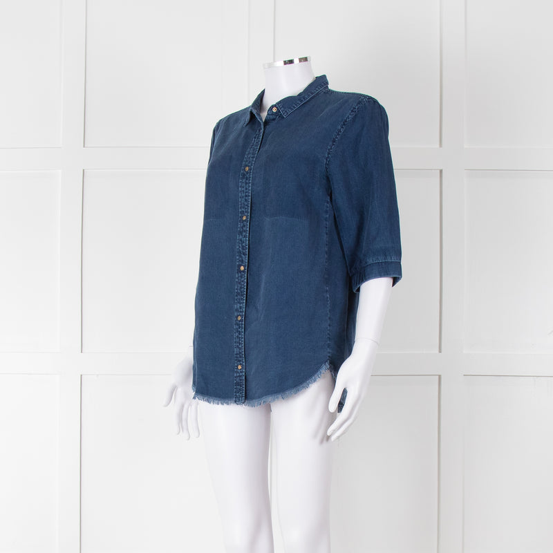 Ikks Blue Denim Frayed Hem 3/4 Sleeve Shirt