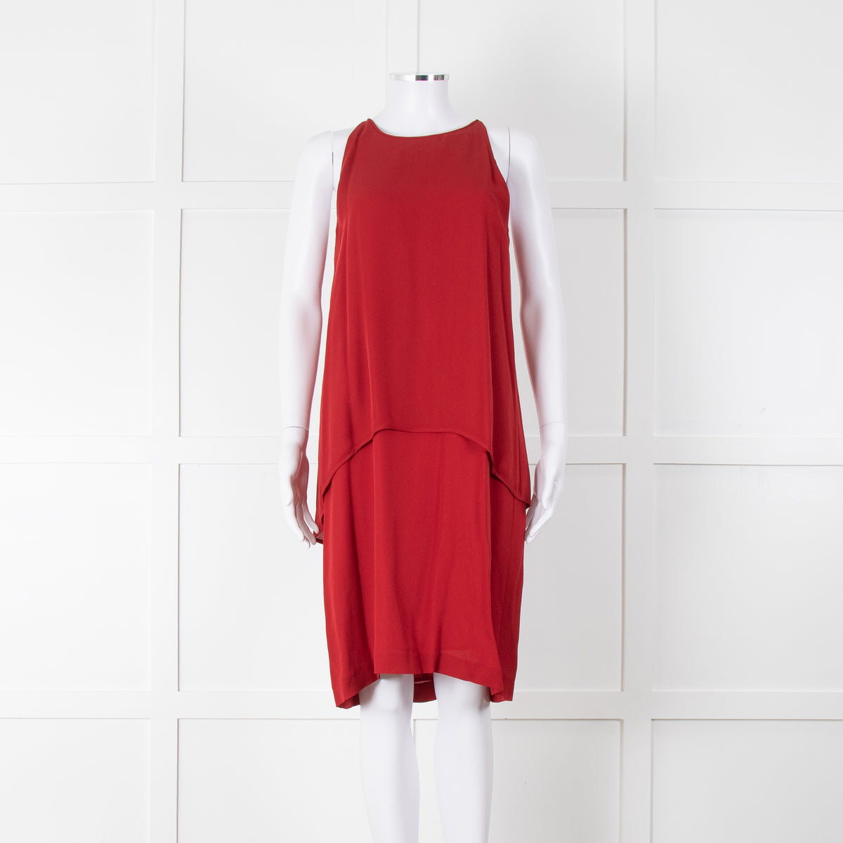 Theory Deep Red Silk Tiered Panel Sleeveless Shift Dress