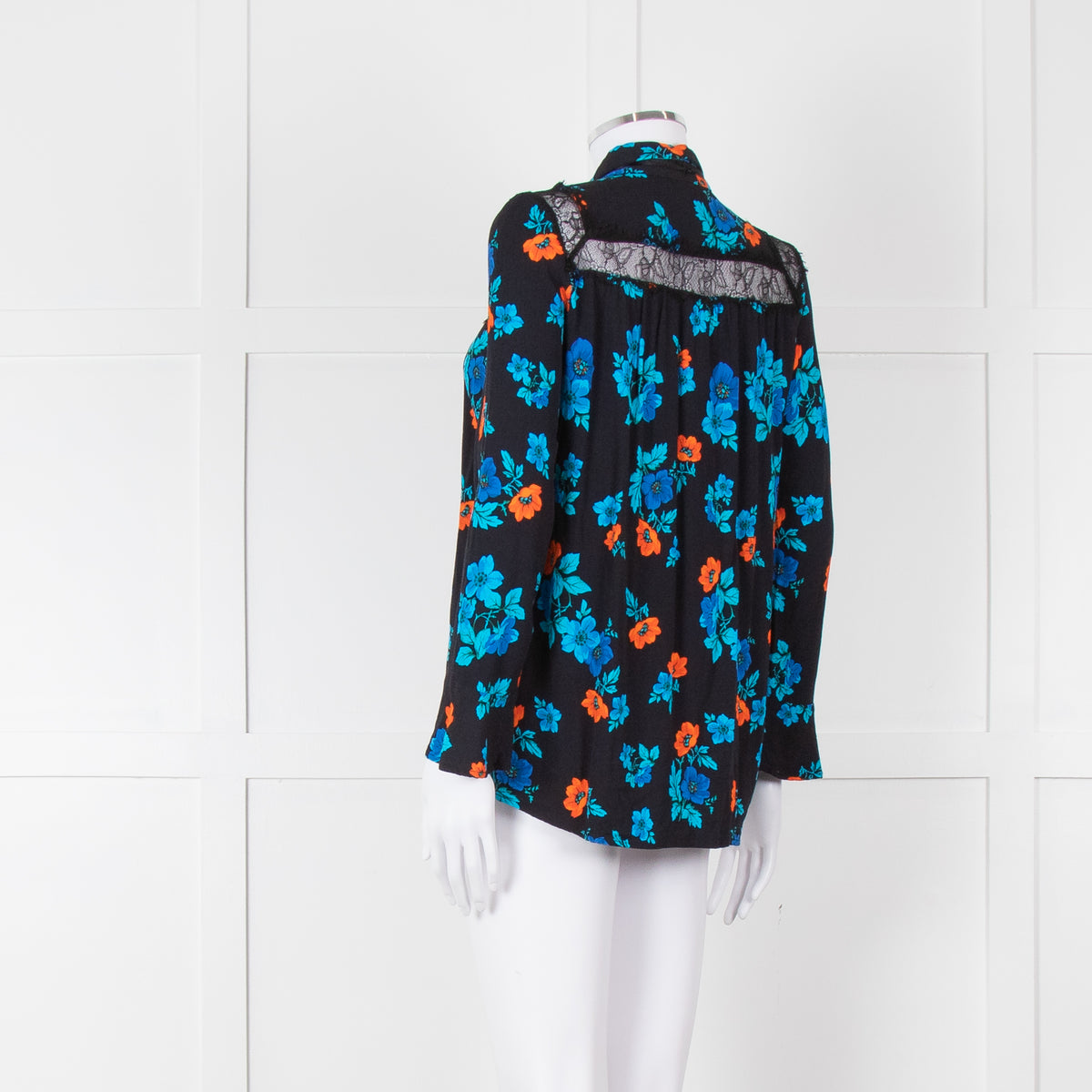 Maje Black Blue Orange Floral Lace Trim Long Sleeve Top