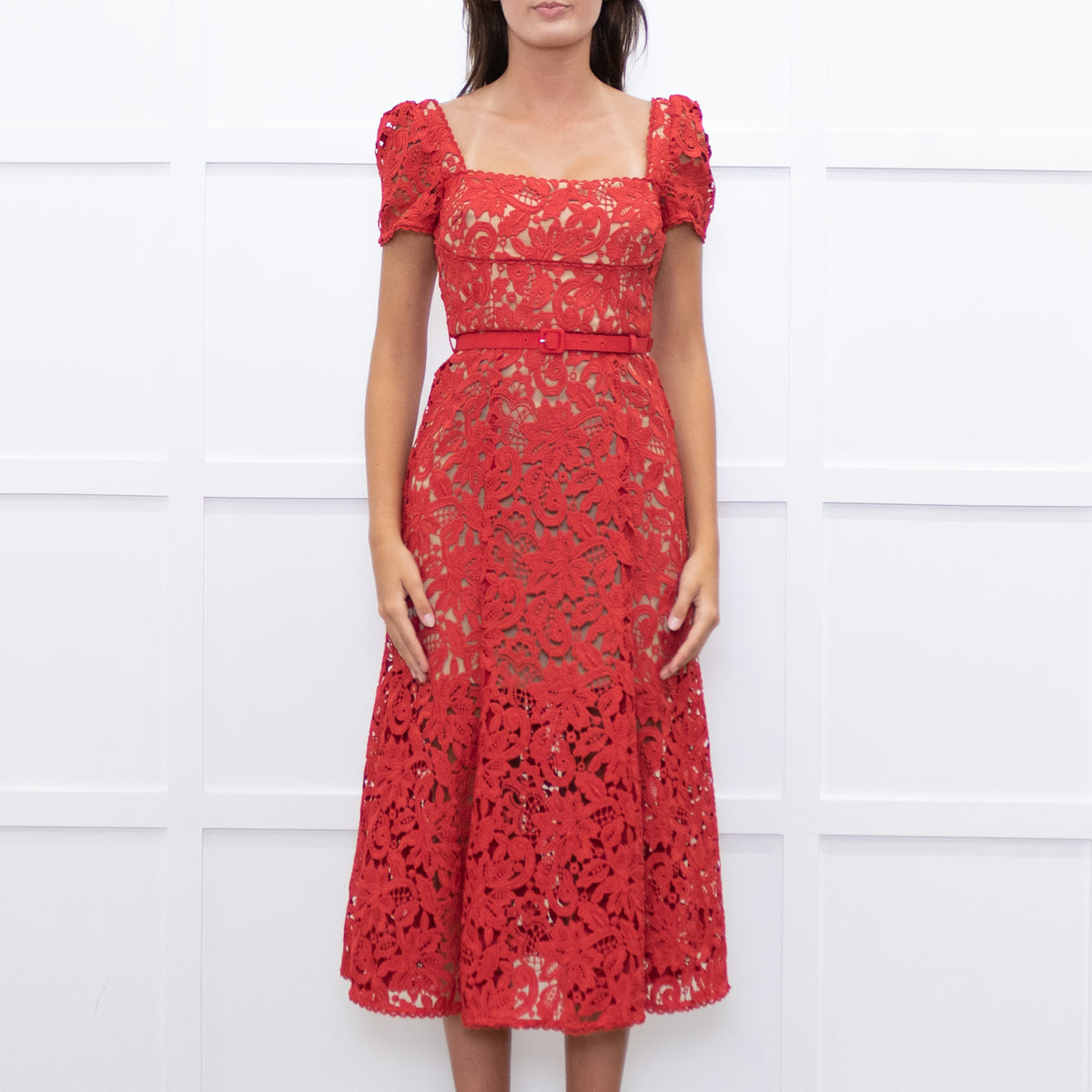 Self-Portrait Red Lace Short Sleeve Belted Midi Dress