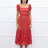 Self-Portrait Red Lace Short Sleeve Belted Midi Dress