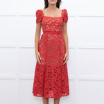Self-Portrait Red Lace Short Sleeve Belted Midi Dress