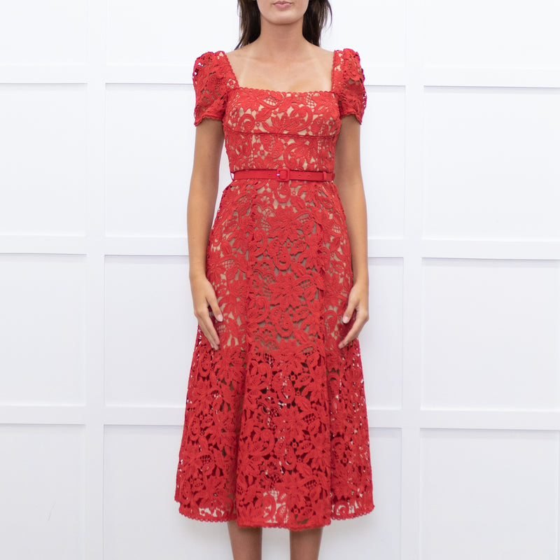 Self-Portrait Red Lace Short Sleeve Belted Midi Dress