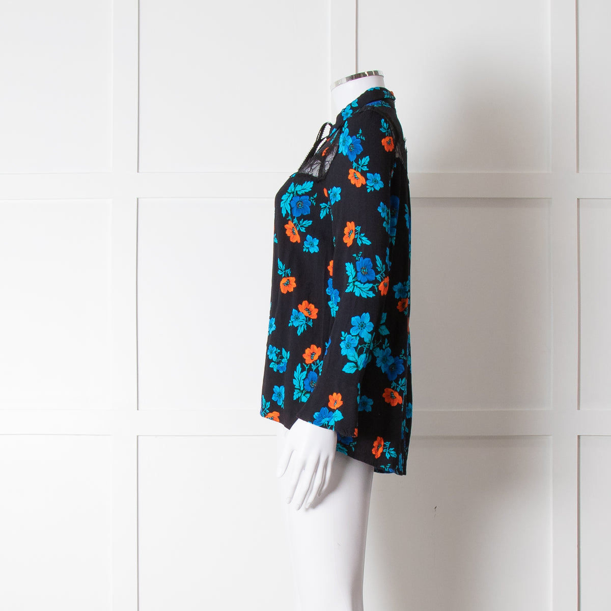 Maje Black Blue Orange Floral Lace Trim Long Sleeve Top