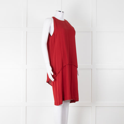 Theory Deep Red Silk Tiered Panel Sleeveless Shift Dress