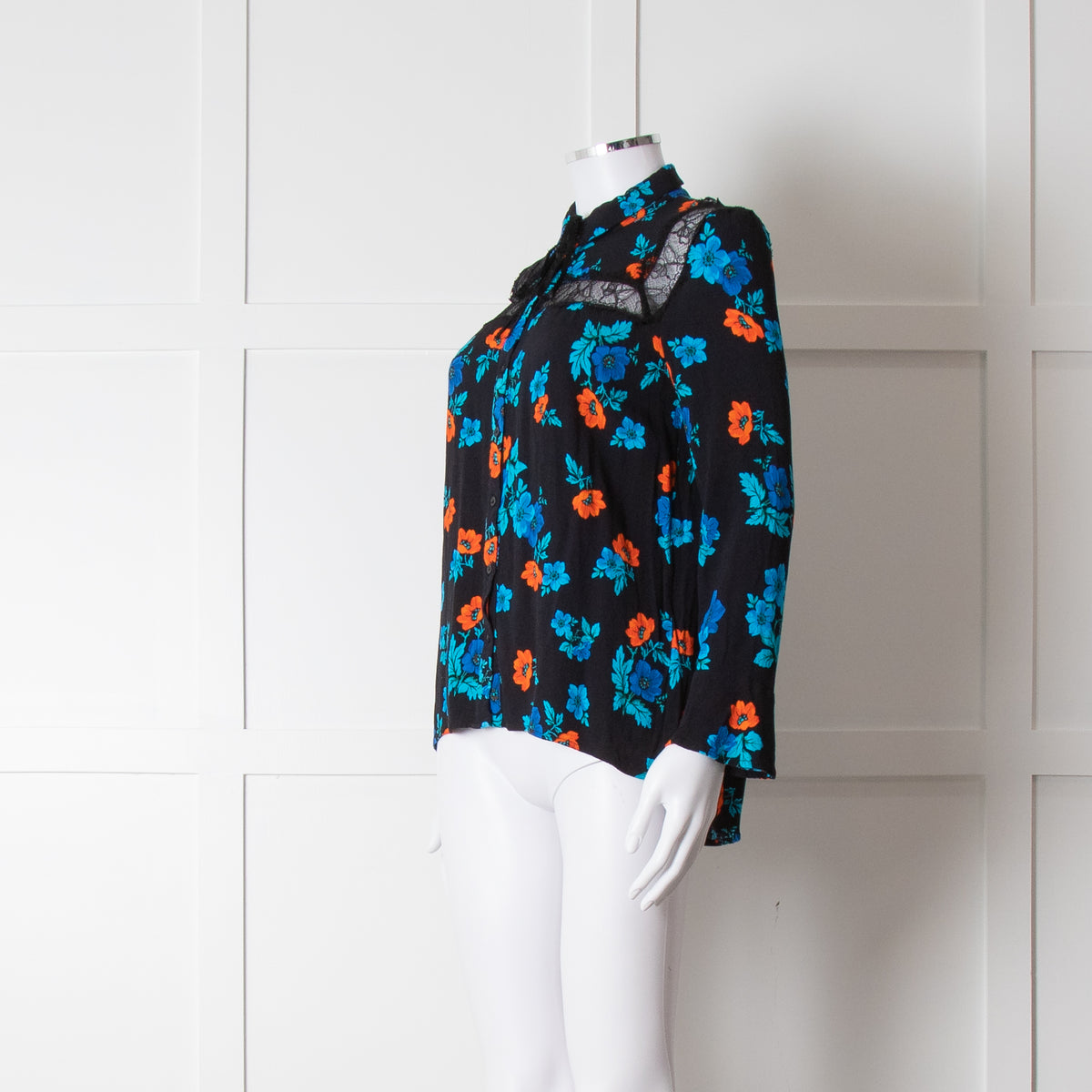 Maje Black Blue Orange Floral Lace Trim Long Sleeve Top
