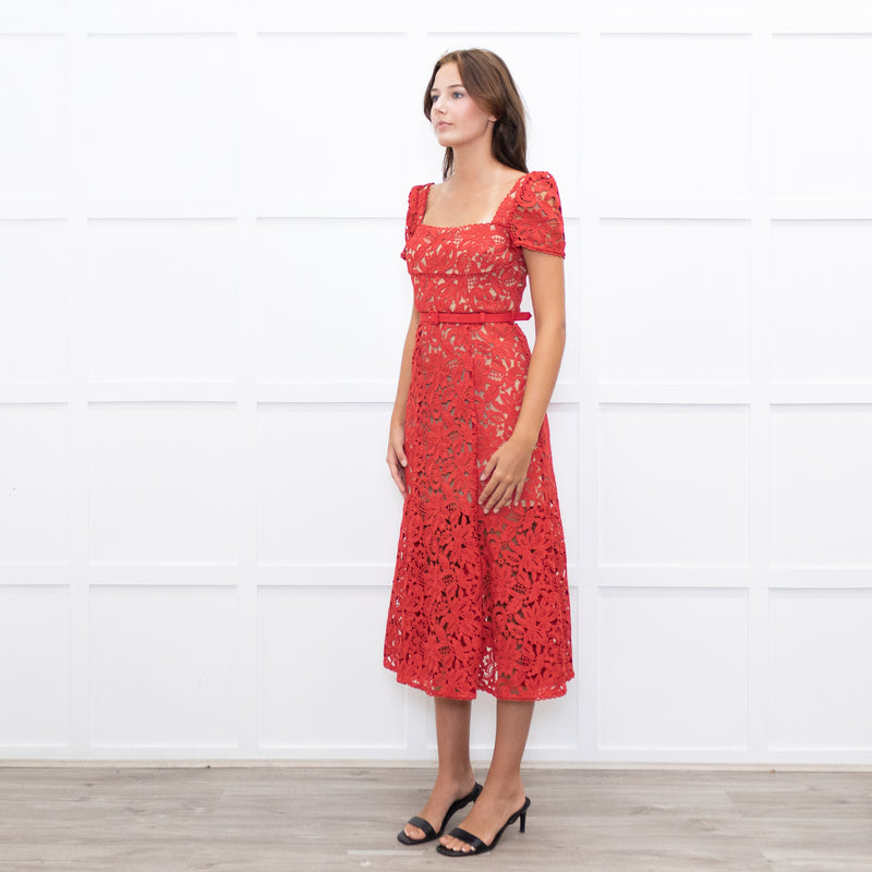 Self-Portrait Red Lace Short Sleeve Belted Midi Dress