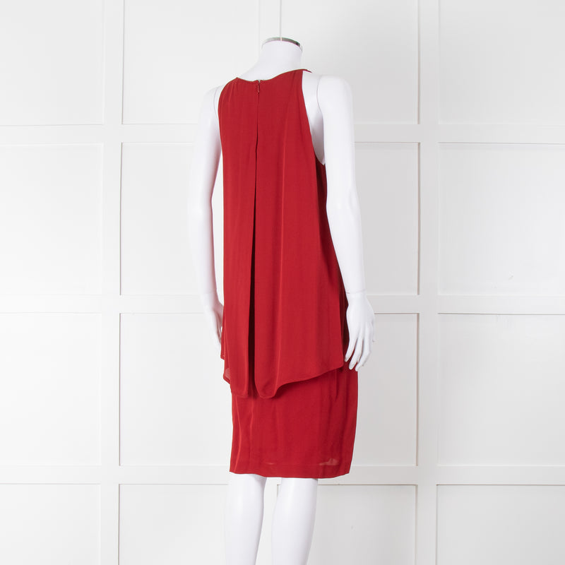 Theory Deep Red Silk Tiered Panel Sleeveless Shift Dress