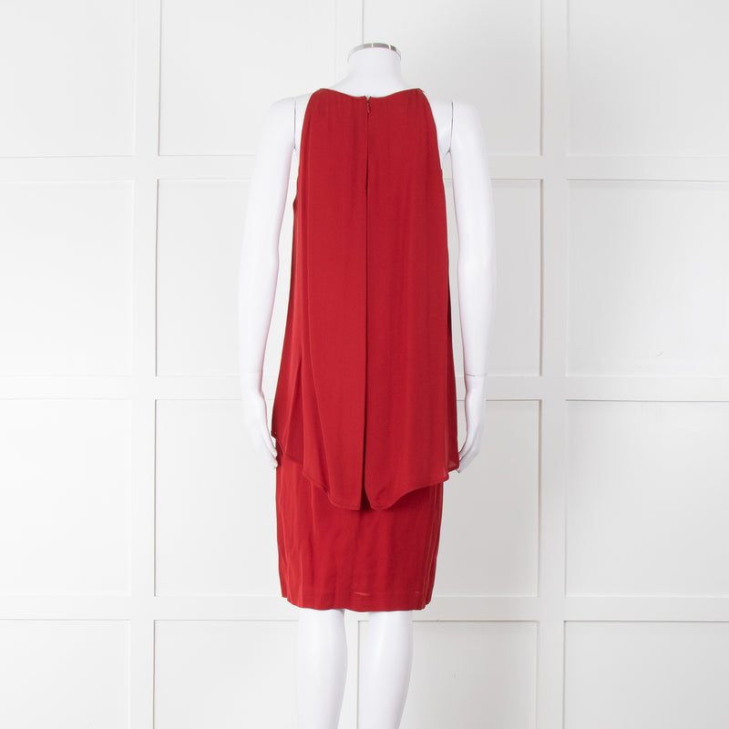 Theory Deep Red Silk Tiered Panel Sleeveless Shift Dress