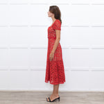 Self-Portrait Red Lace Short Sleeve Belted Midi Dress