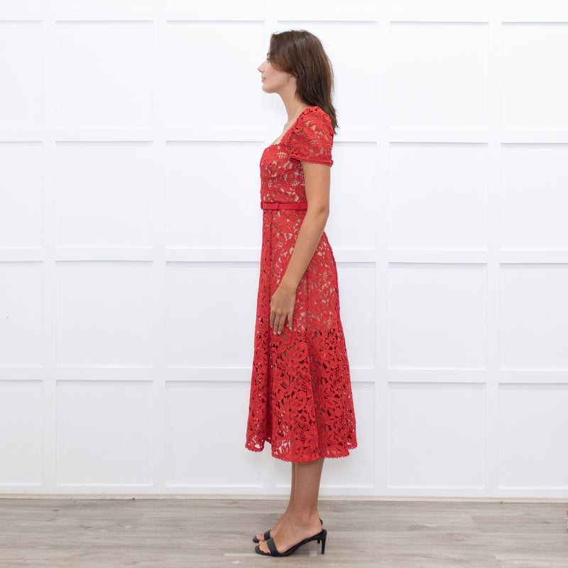 Self-Portrait Red Lace Short Sleeve Belted Midi Dress