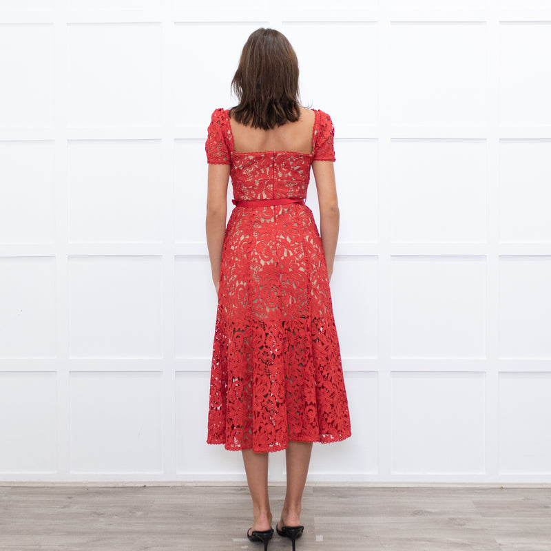 Self-Portrait Red Lace Short Sleeve Belted Midi Dress