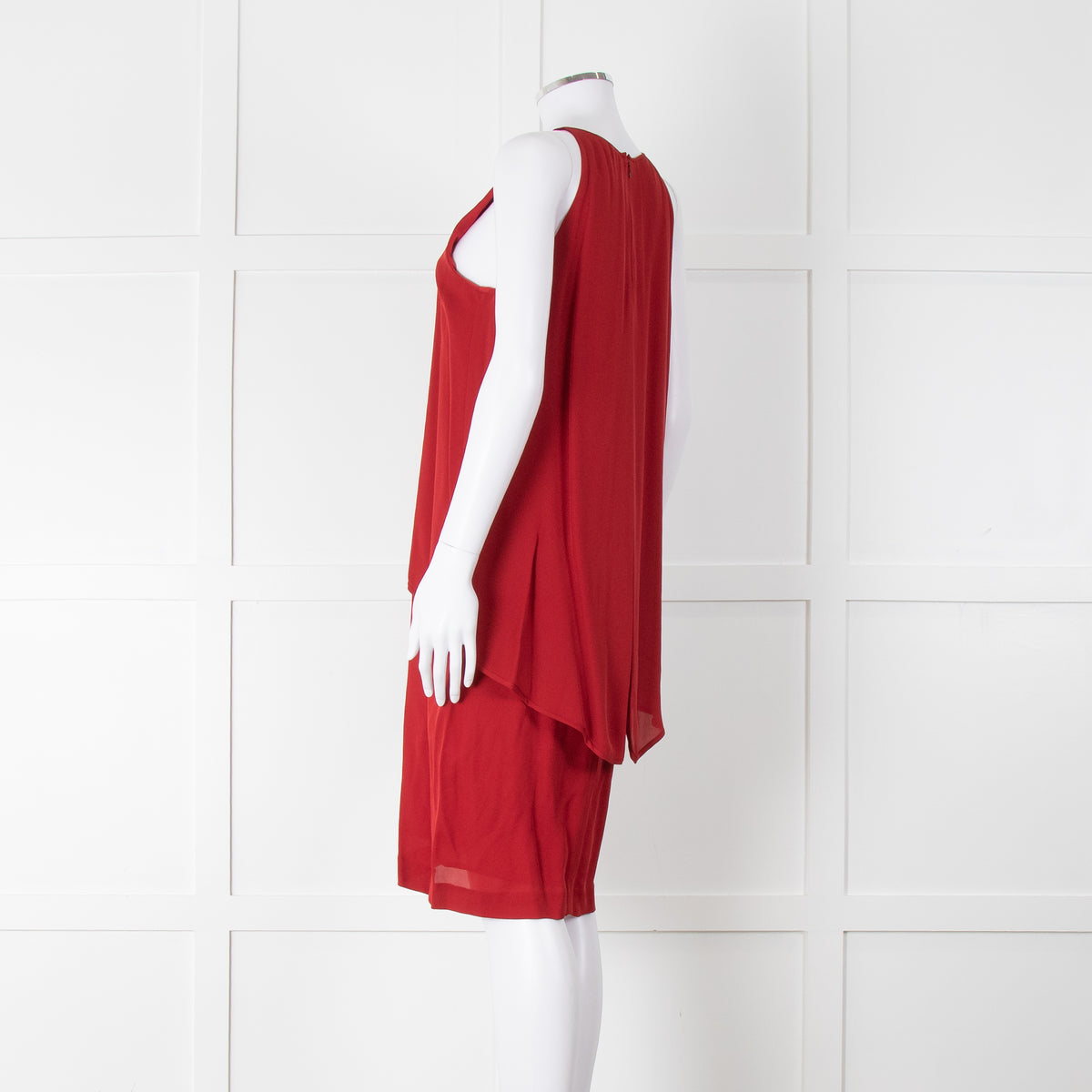 Theory Deep Red Silk Tiered Panel Sleeveless Shift Dress