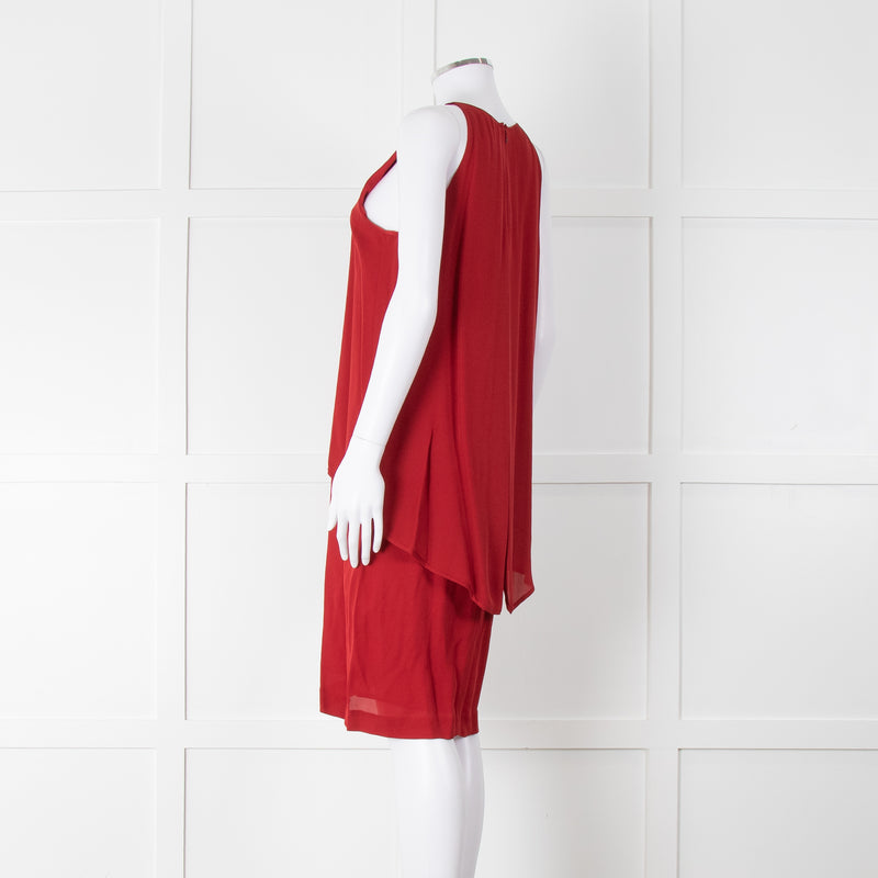 Theory Deep Red Silk Tiered Panel Sleeveless Shift Dress