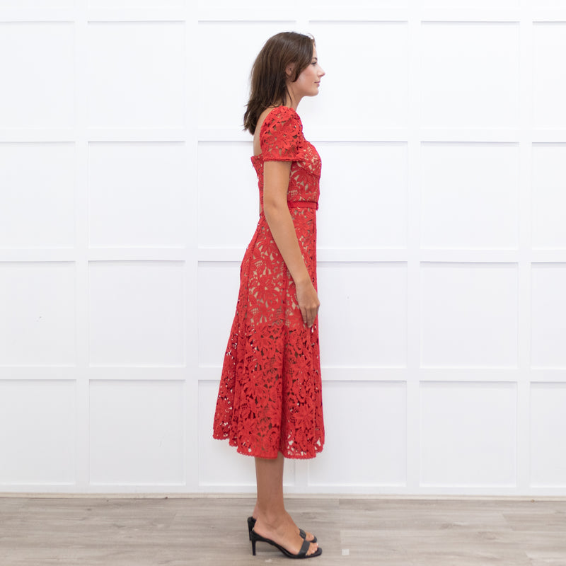 Self-Portrait Red Lace Short Sleeve Belted Midi Dress