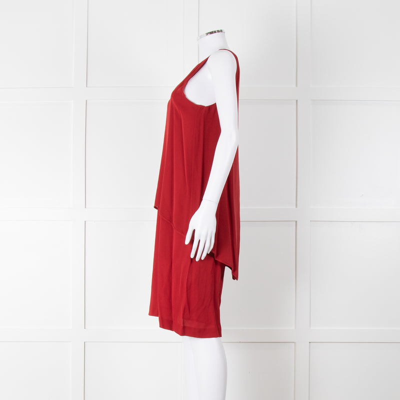 Theory Deep Red Silk Tiered Panel Sleeveless Shift Dress