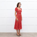 Self-Portrait Red Lace Short Sleeve Belted Midi Dress
