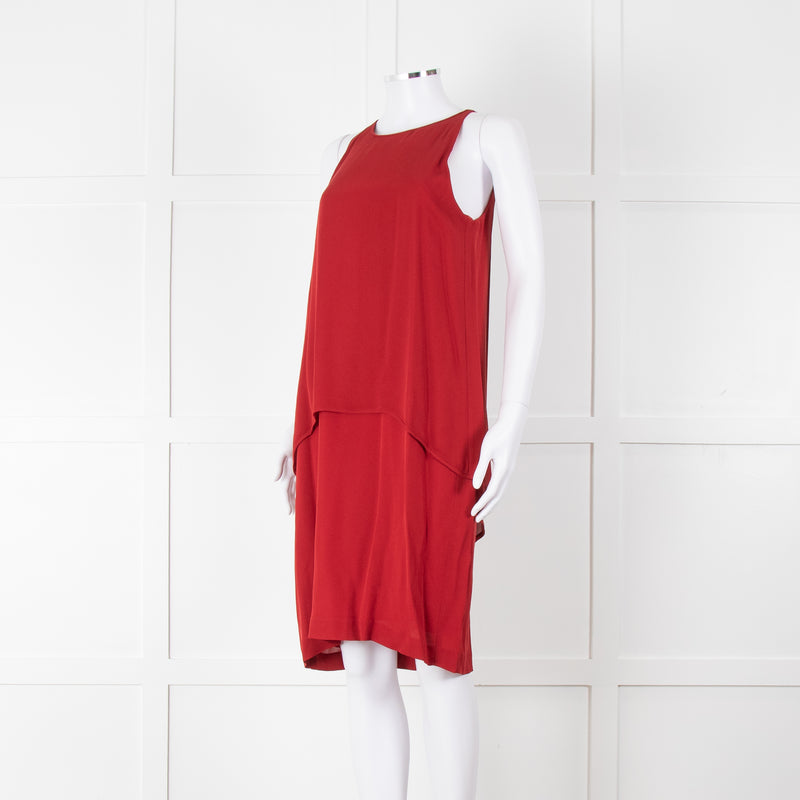 Theory Deep Red Silk Tiered Panel Sleeveless Shift Dress