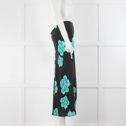 Rixo Black Turquoise Floral Silk Skirt