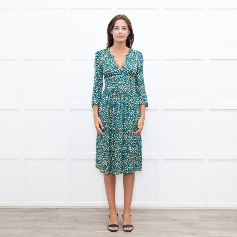 Ba&Sh Green & Cream Print V Neck Midi Dress