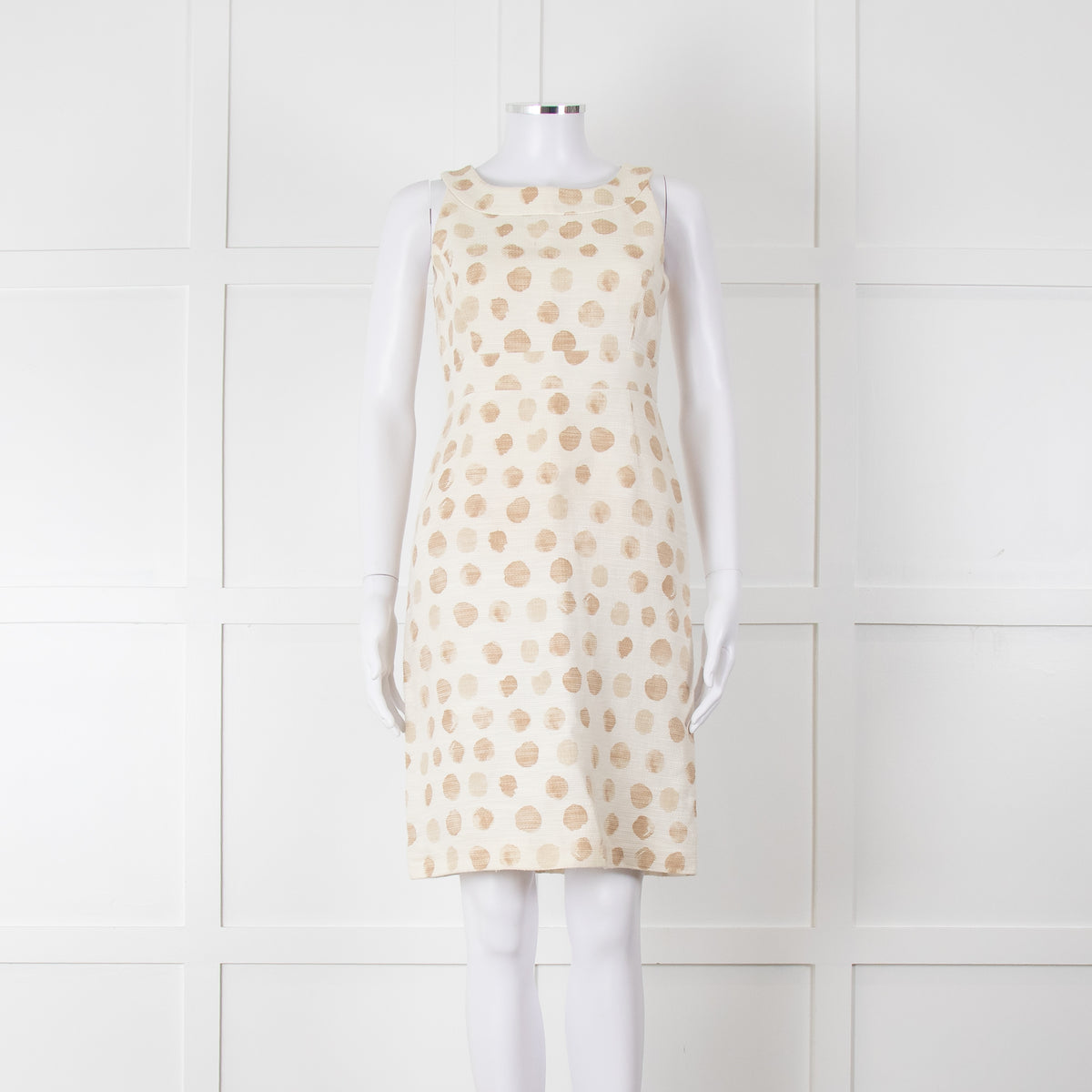Max Mara Cream Brown Dots Sleeveless Tweedy Dress
