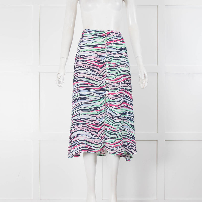Mercy Delta White Blue Pink Green Zebra Print Midi Skirt