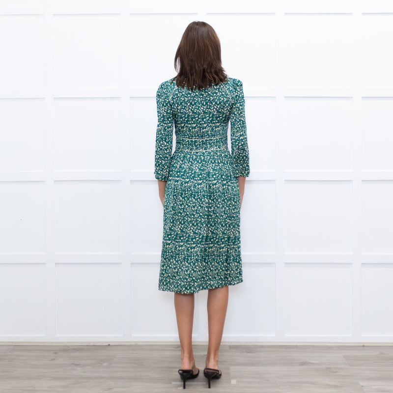 Ba&Sh Green & Cream Print V Neck Midi Dress
