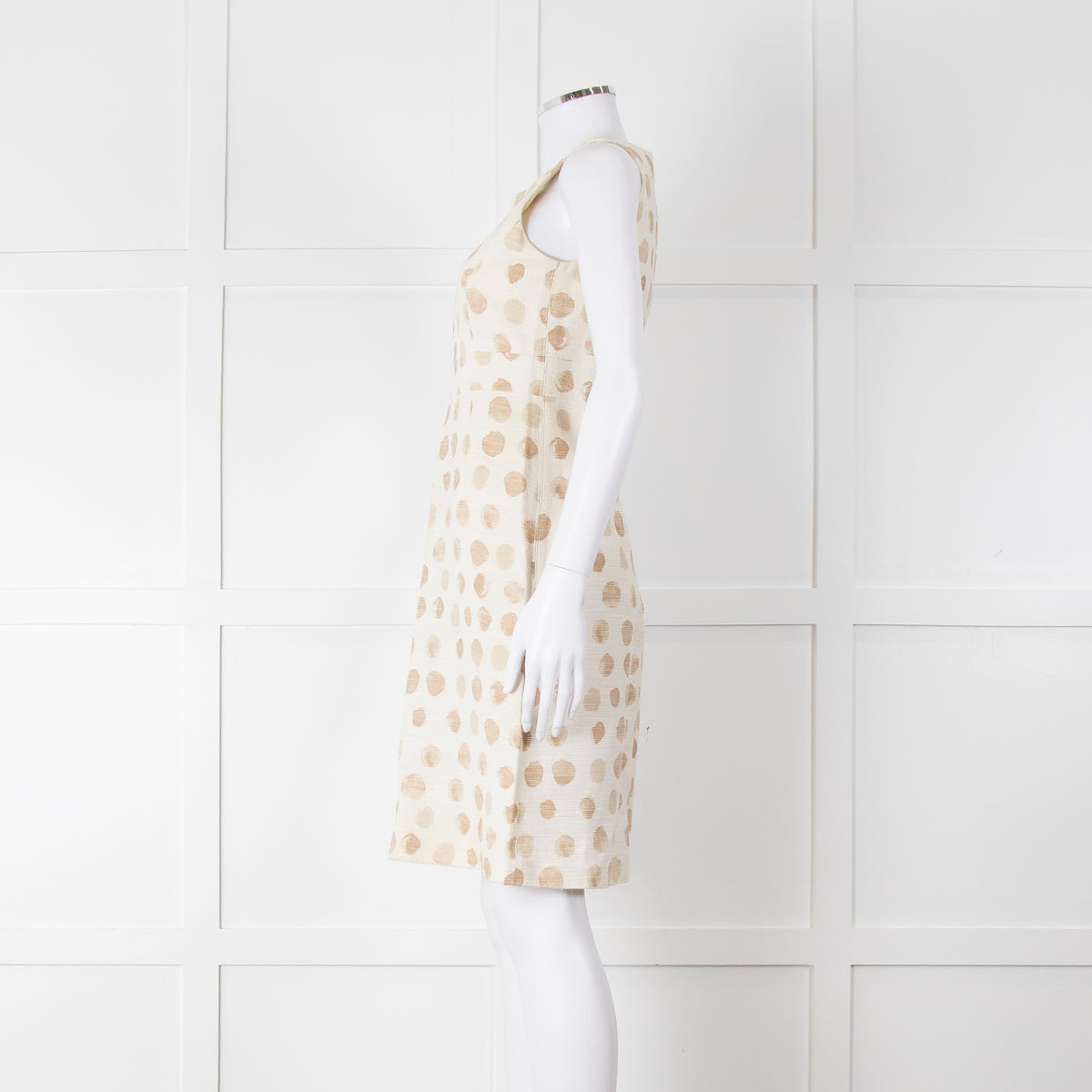 Max Mara Cream Brown Dots Sleeveless Tweedy Dress