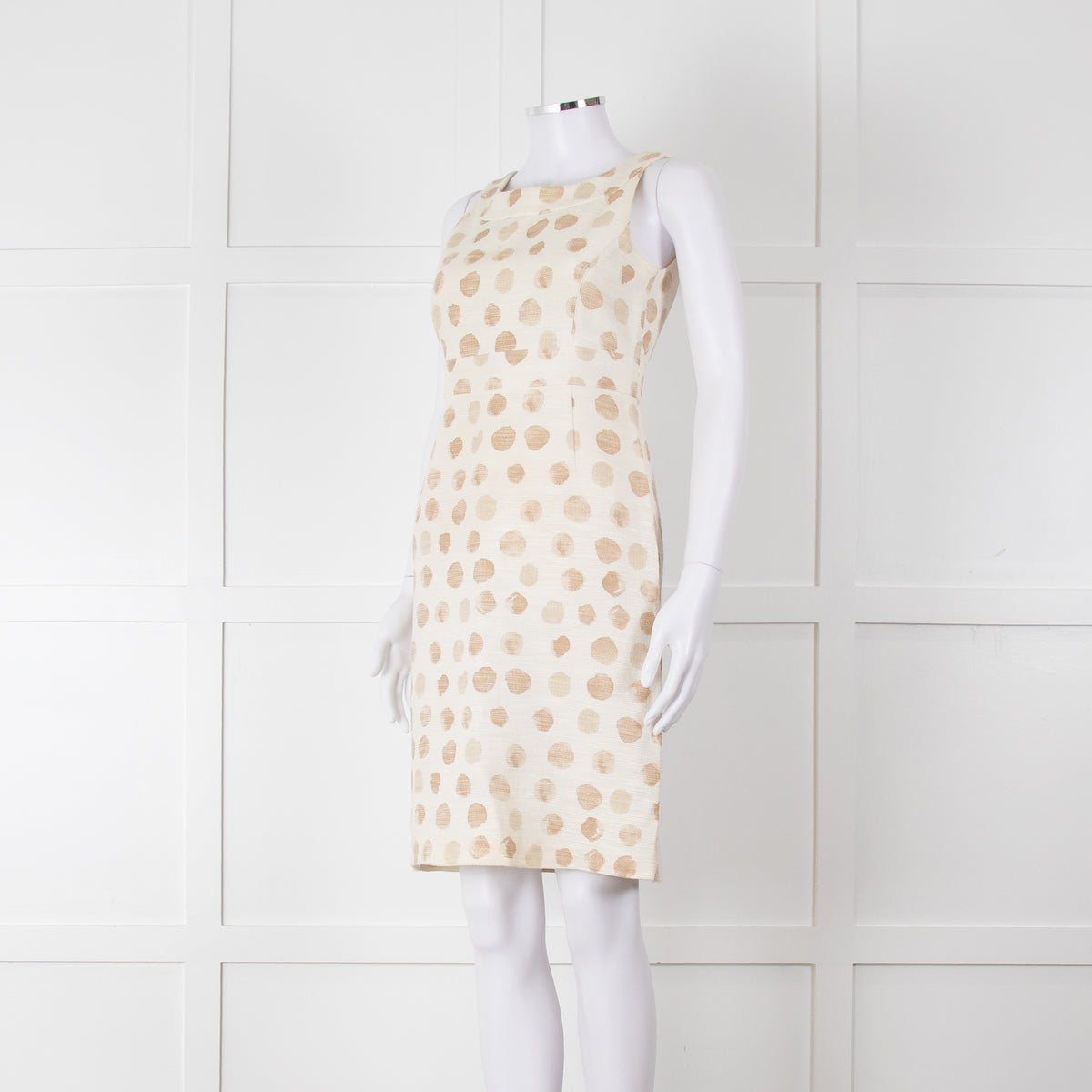 Max Mara Cream Brown Dots Sleeveless Tweedy Dress