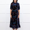 Sea New York Navy Rust Devore Puff Sleeve Midi Dress