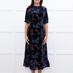 Sea New York Navy Rust Devore Puff Sleeve Midi Dress
